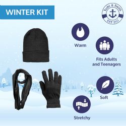 Wholesale Footwear Yacht & Smith Pre Assembled Unisex 3 Piece Winter Care Sets, Hat Gloves Scarf Set Solid Black