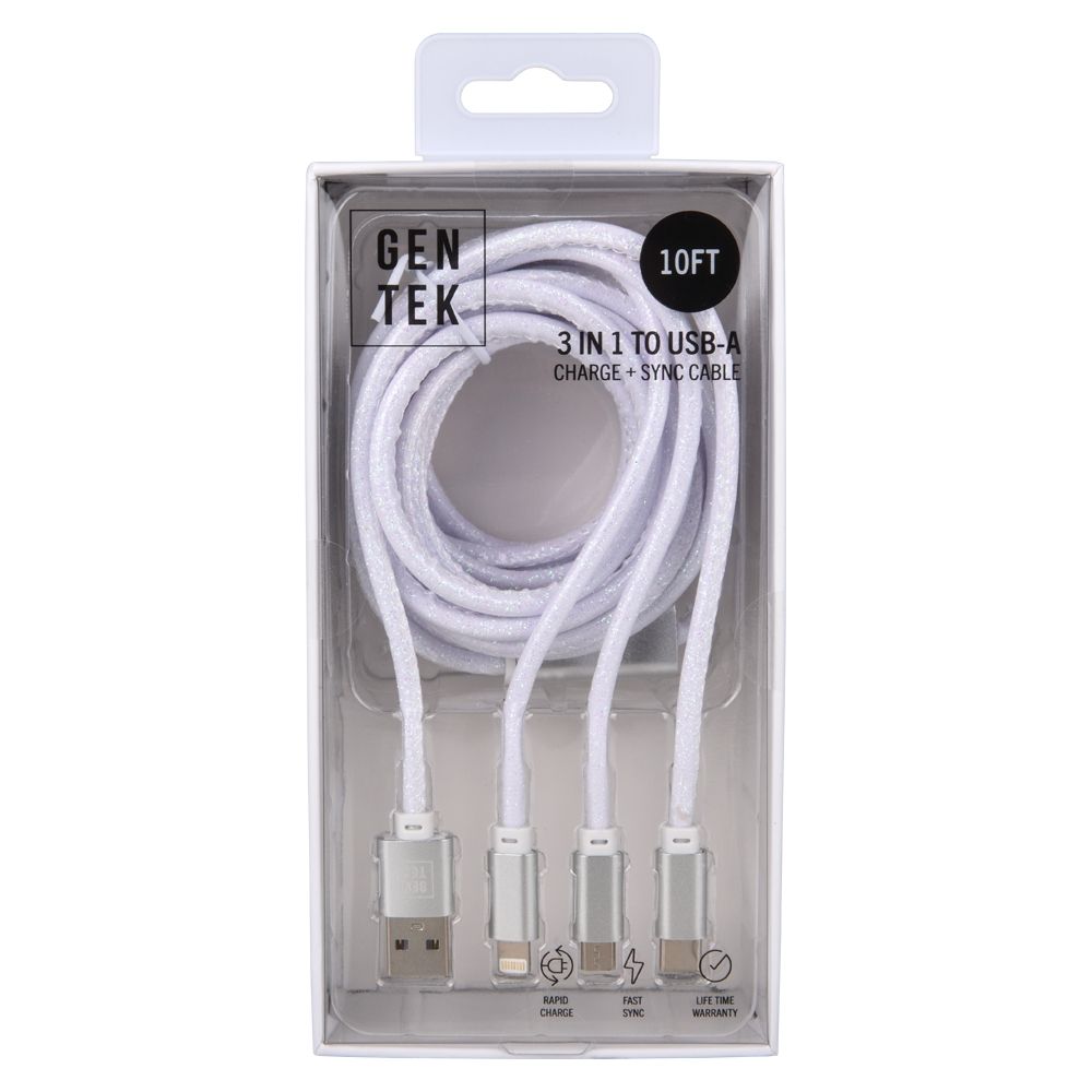 Wholesale Footwear Gentek 3in1 Lightning UsB-C Cable (white)