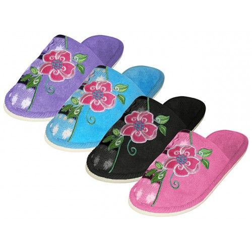 Wholesale Footwear Women's Satin Upper With Embroidered Floral House Slippers