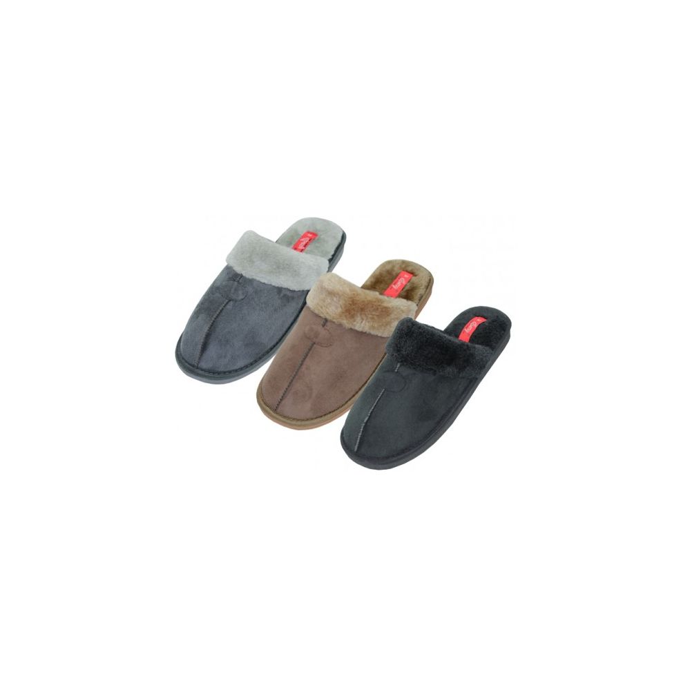 Wholesale Footwear Men's Microfiber Upper With Faux Fur Cuff House Slippers