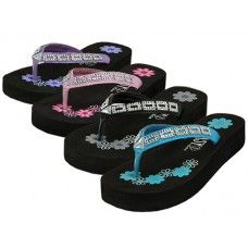 Wholesale Footwear Girl's Printed Floral Rhinestone Look Wedge Flip Flops