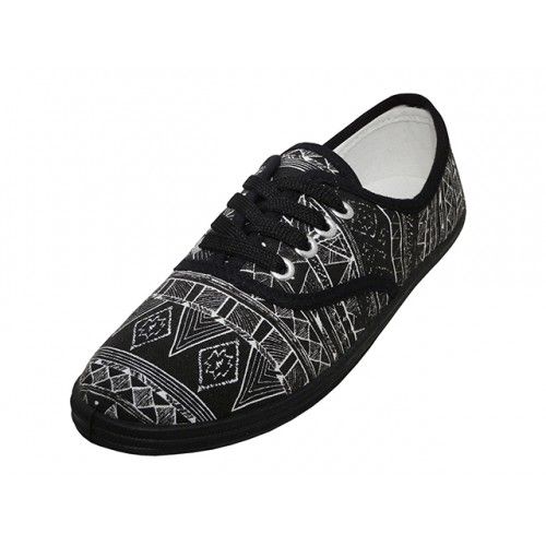 Wholesale Footwear Women's Black White Print Canvas Shoes