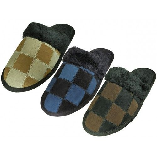 Wholesale Footwear Men's Leather Suede Upper Square Patch With Faux For Cuff Slippers