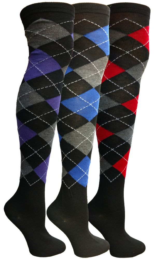 Wholesale Footwear Yacht & Smith Womens Over The Knee Referee Thigh High Boot Socks Argyle Print