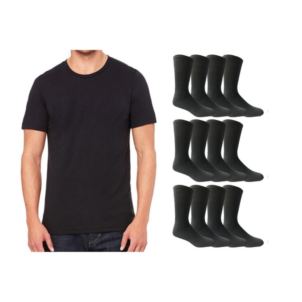 Wholesale Footwear Yacht & Smith Men's Cotton Crew Socks Size 10-13 And Black Solid T-Shirt Size Medium