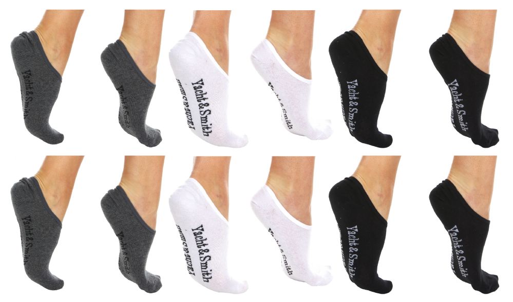 Wholesale Footwear Yacht & Smith Womens Cotton No Show Loafer Socks With Anti Slip Silicone Strip Black White Gray