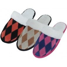 Wholesale Footwear Women's Diamond Pattern Leather Patch Upper With Fur Cuff House Slippers