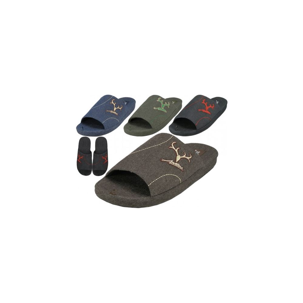 Wholesale Footwear Men's Satin Open Toes Slippers With Antler Embroidered Upper House Slippers