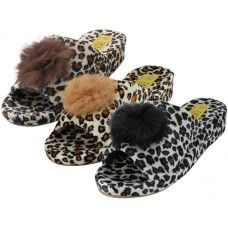 Wholesale Footwear Women's Satin Velour Leopard Print Upper Open Toe House Slippers