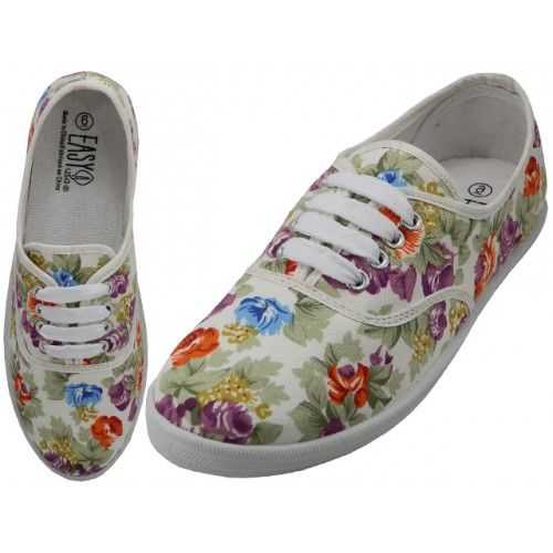 Wholesale Footwear Women's Canvas Lace Up White With Multi Colors Floral Print