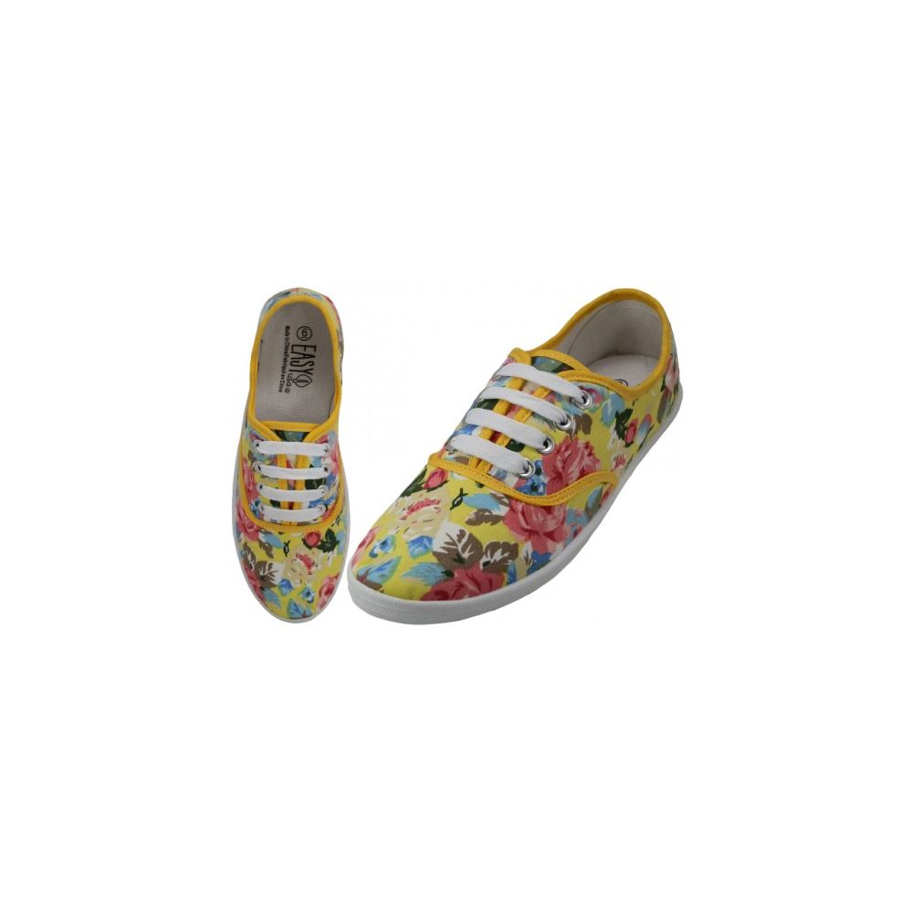 Wholesale Footwear Women's Canvas Lace Up Shoes ( *yellow Floral Printed )
