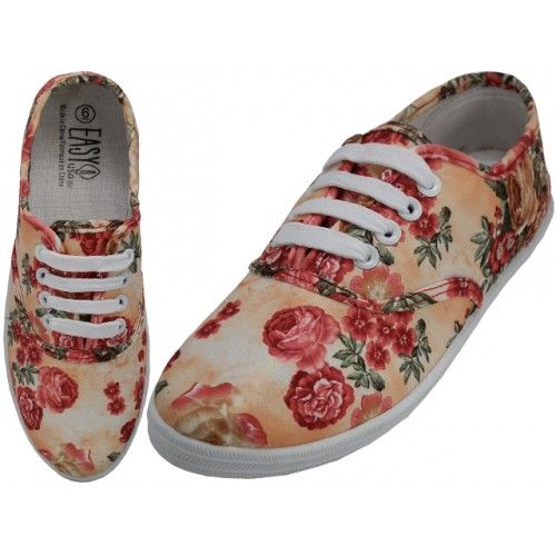Wholesale Footwear Women's Canvas Lace Up Shoes In 3d Beige Rose Print Sizes 5-10