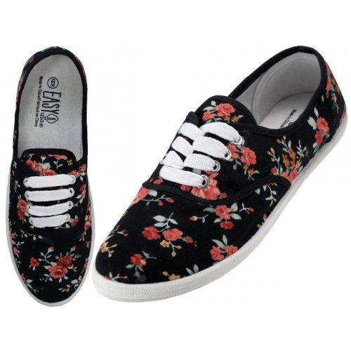 Wholesale Footwear Women's Canvas Lace Up Black Mini Rose Print