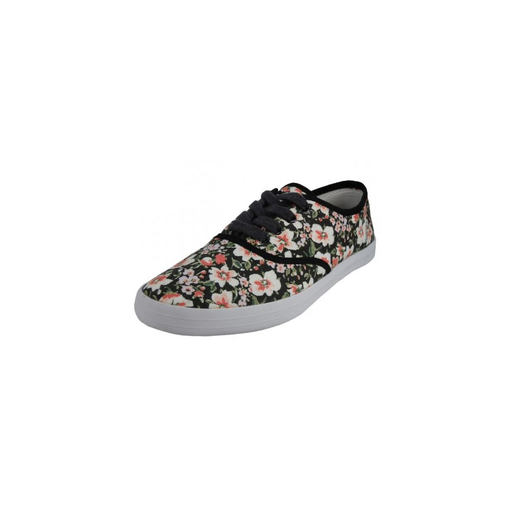 Wholesale Footwear Women's Black Flower Printed Lace Up Canvas Shoes