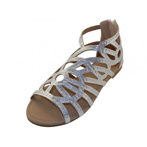 Wholesale Footwear Youth's Rhinestone Top Gladiator Sandals Silver Color )