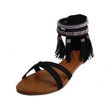 Wholesale Footwear Women's Criss Cross Tassel Sandals In Black Sizes 5-10