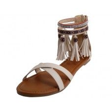 Wholesale Footwear Women's Criss Cross Tassel Sandals In Beige