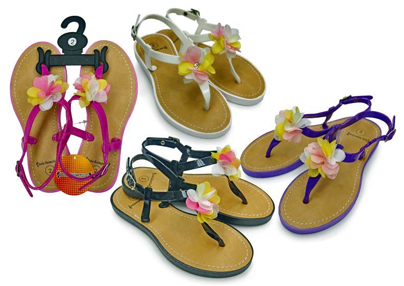 Wholesale Footwear Girl's Sandals With/ Side Strap & Flower Adornment - Assorted Colors