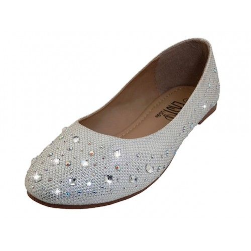 Wholesale Footwear Women's Rhinestone Top Ballet Flat Shoes In Silver Sizes 6-11
