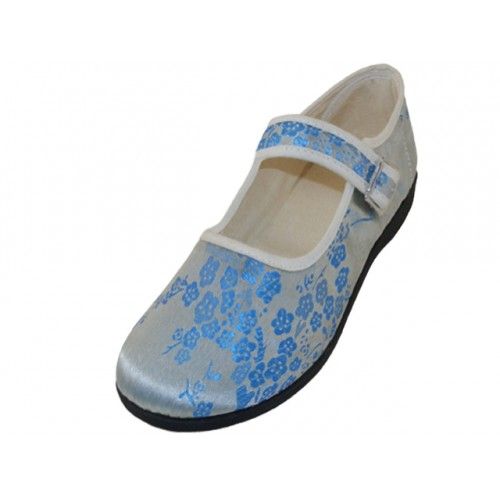 Wholesale Footwear Women's Satin Brocade Plum Flower Upper Mary Jane Shoes In Light Blue Sizes 6-11
