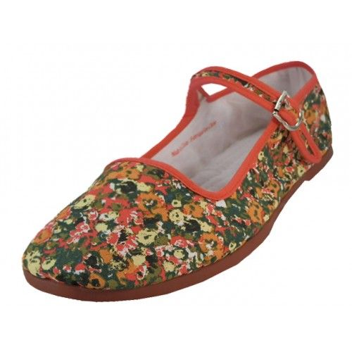 Wholesale Footwear Women's Cotton Upper Printed Classic Mary Jane Shoes In Red Daisy Floral Print Sizes 6-10
