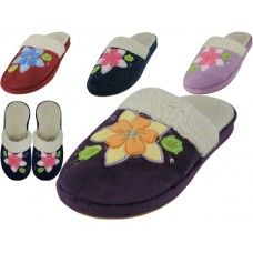 Wholesale Footwear Women's Velour Floral Embroidery Upper Close Toe House Slippers