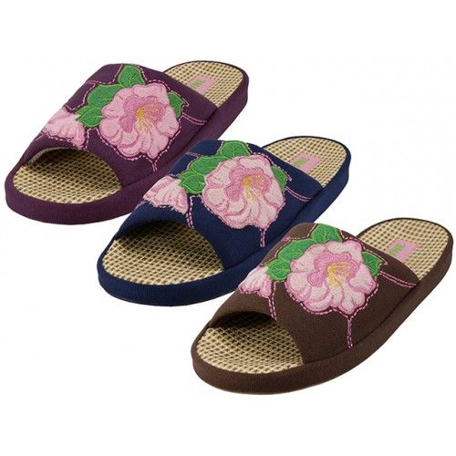 Wholesale Footwear Women's Satin Flower Embroidery Upper Open Toe House Slippers
