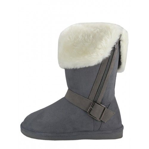 Wholesale Footwear Women's Micro Suede Foldover Winter Boots With Faux Fur Lining And Side Zipper In Gray