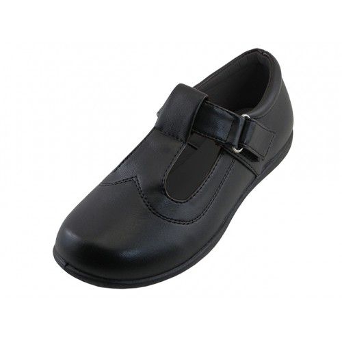 Wholesale Footwear Big Girl's T-Velcro With Buckle Upper Black School Shoe