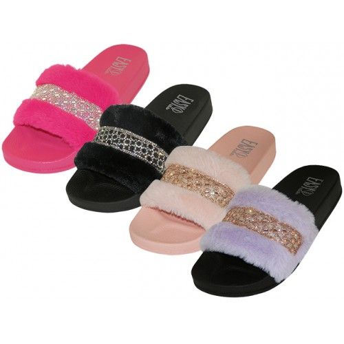 Wholesale Footwear Women s Faux Fur with Rhinestone Upper Open Toe Slides