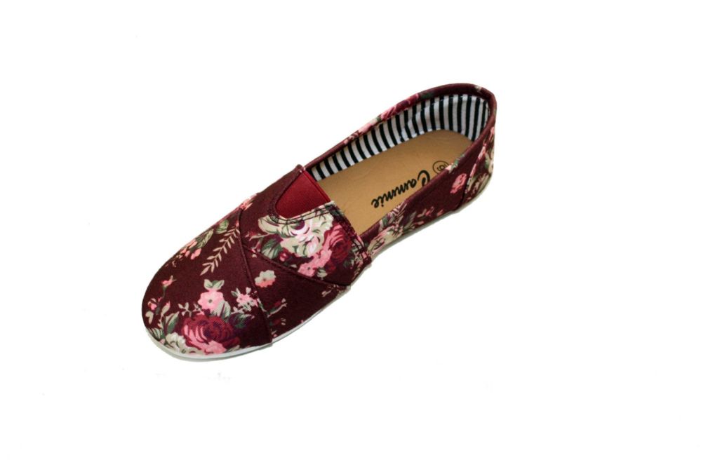 Wholesale Footwear Women Denim Slip On Shoes Flower Print In Burgandy