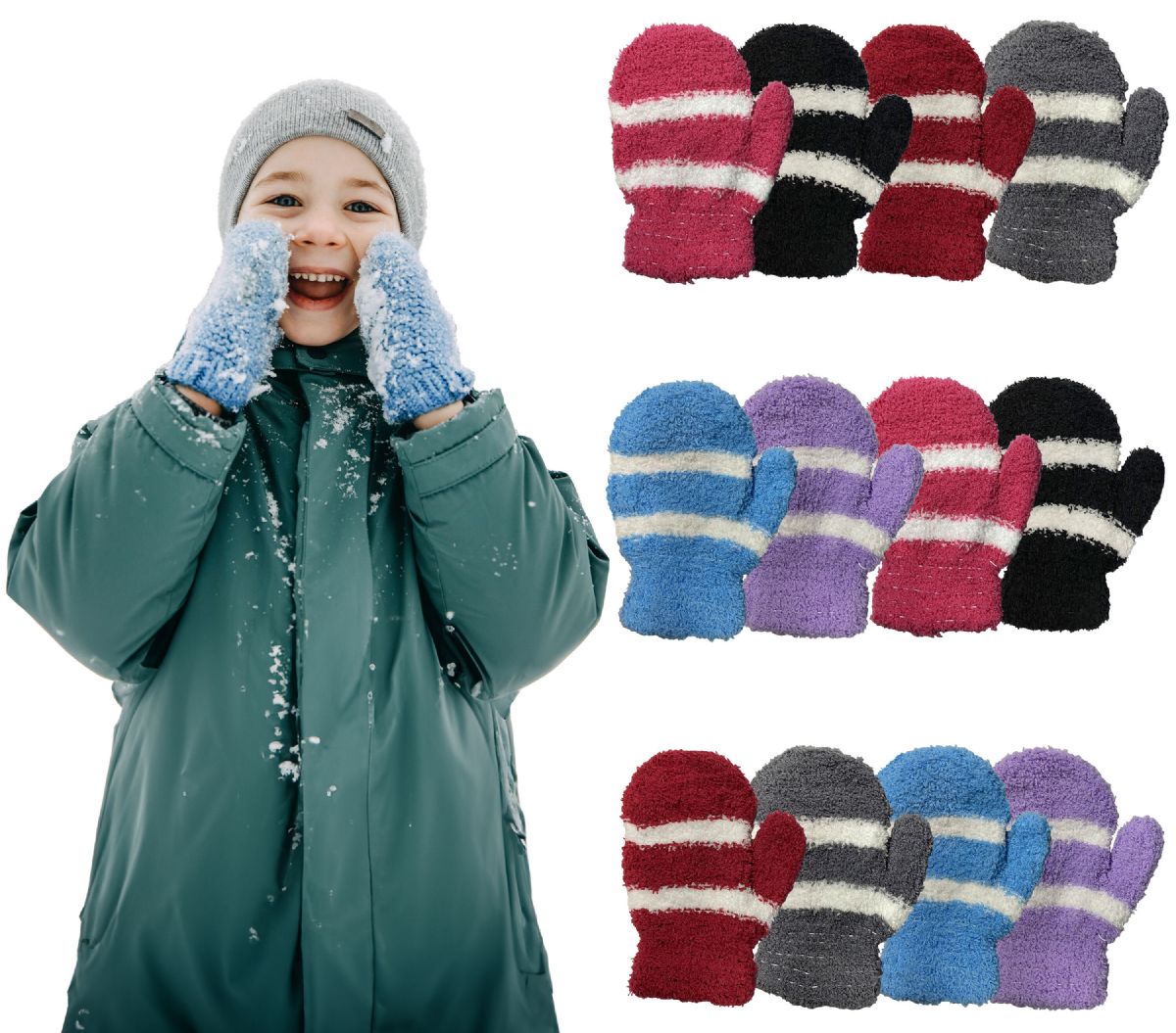 Wholesale Footwear Yacht & Smith Kids Striped Fuzzy Mittens Gloves Ages 2-7