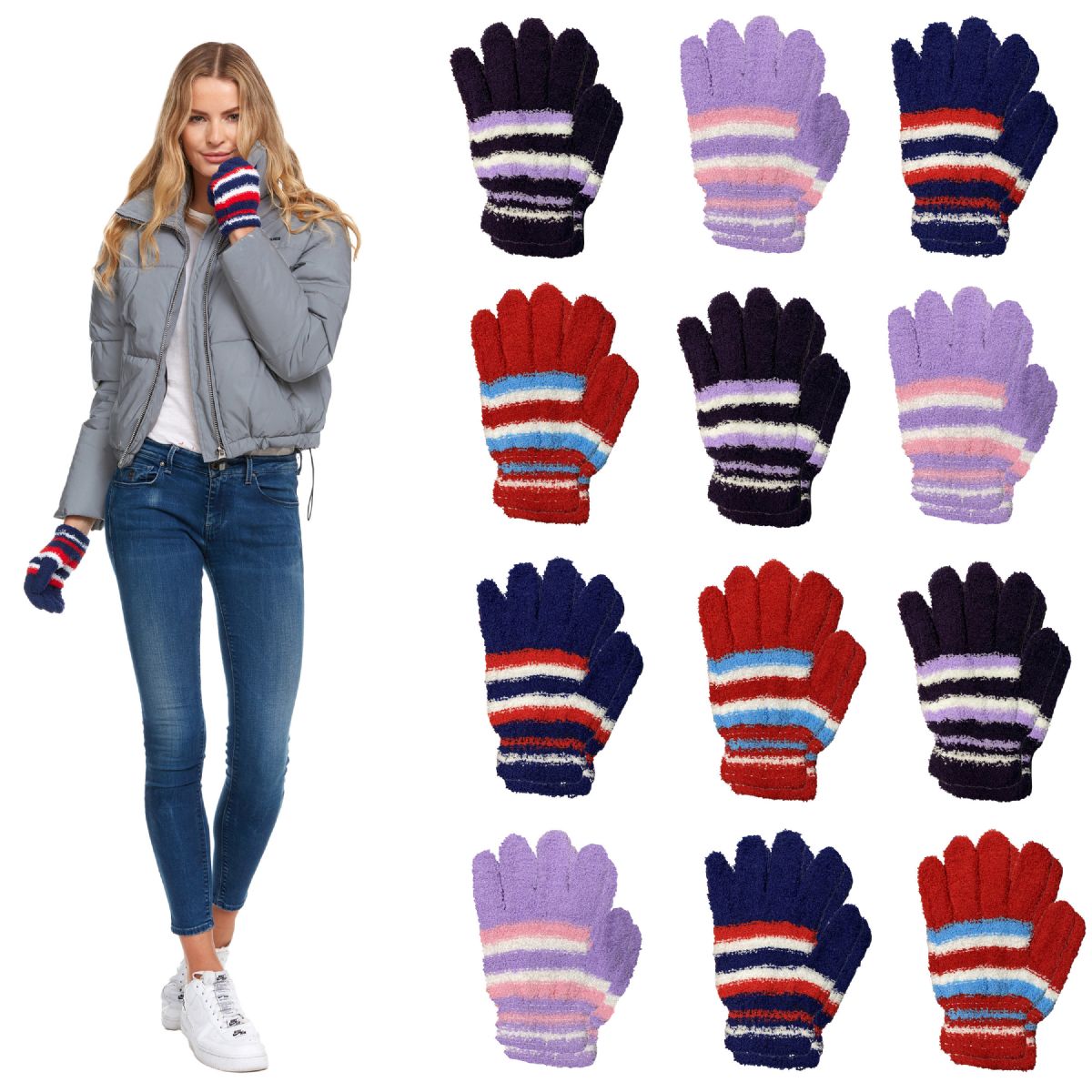 Wholesale Footwear Yacht And Smith Women's Assorted Striped Colored Fuzzy Gloves