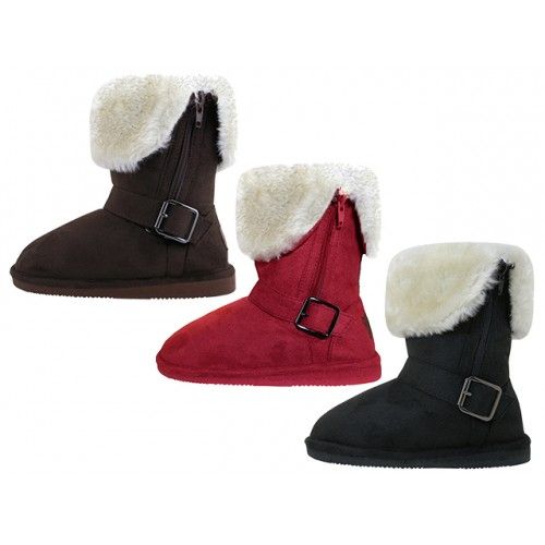 Wholesale Footwear Youth Micro Suede Foldover Boots With Faux Fur Lining And Side Zipper