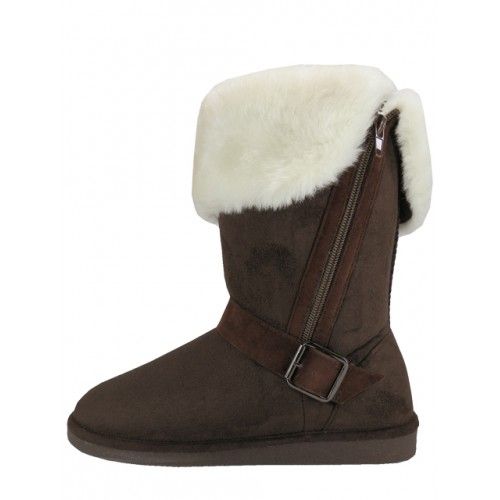 Wholesale Footwear Women's Micro Suede Foldover Warm Winter Boots With Faux Fur Lining And Side Zipper In Brown