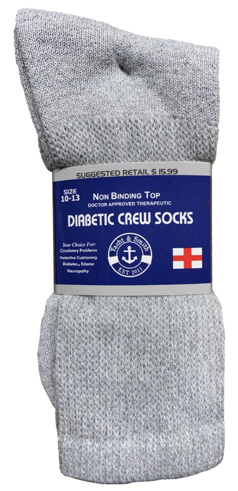 Wholesale Footwear Yacht & Smith Men's Loose Fit NoN-Binding Soft Cotton Diabetic Crew Socks Size 10-13 Gray