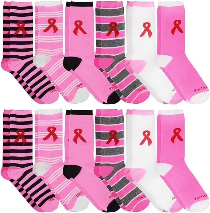 Wholesale Footwear Yacht & Smith Printed Breast Cancer Awareness Socks, Pink Ribbon Women Crew Socks