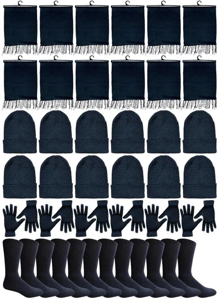 Wholesale Footwear Winter Bundle Care Kit For Men, 4 Piece - Hats Gloves Beanie Fleece Scarf Set In Solid Black