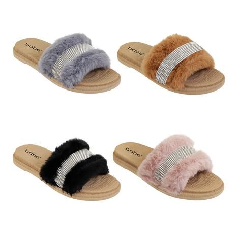 Wholesale Footwear Women's Fur Slides Rhinestone Glitter Sandals