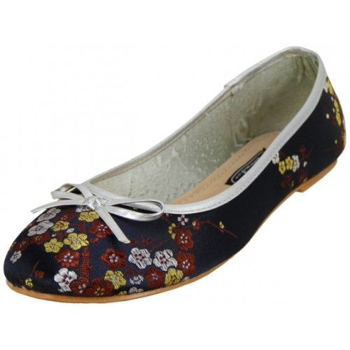 Wholesale Footwear Women's Satin Brocade Ballet Flat Shoes In Black Sizes 5-10