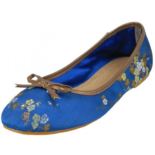 Wholesale Footwear Women's Satin Brocade Ballet Flat Shoes In Blue Color