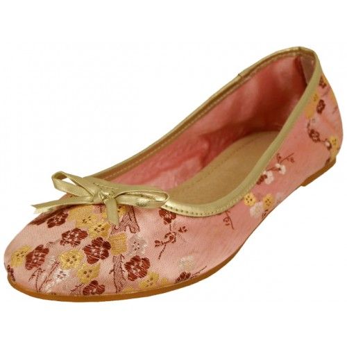 Wholesale Footwear Women's Satin Brocade Ballet Flat Shoes In Pink Color