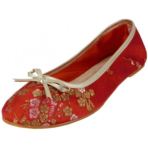 Wholesale Footwear Women's Satin Brocade Ballet Flat Shoes In Red Color