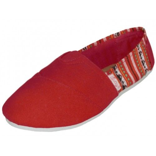 Wholesale Footwear Women's Slip On Casual Canvas Shoes In Red With Color Stripes Sizes 5-10