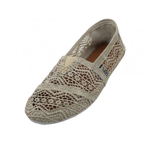 Wholesale Footwear Women's Crochet Canvas Slip On Shoes In Beige Sizes 5-10