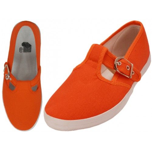 Wholesale Footwear Women's Solid T-Strap Canvas Shoes In Mandarin Red
