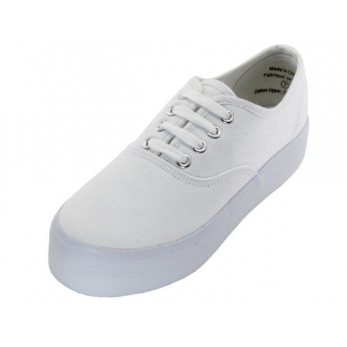 Wholesale Footwear Women's Lace Up Flatform Canvas Shoes In White