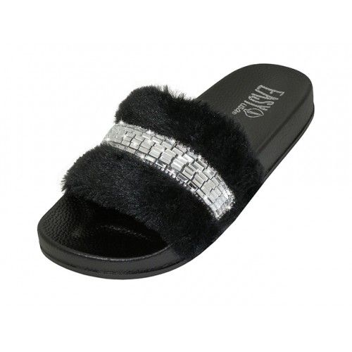 Wholesale Footwear Women's Faux Fur Upper With Rhinestone Top Slide Sandals Black Color Only