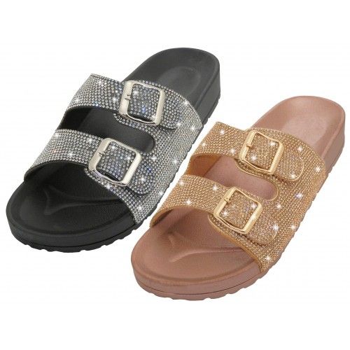 Wholesale Footwear Women's Double Buckle With Rhinestone Upper Sandals
