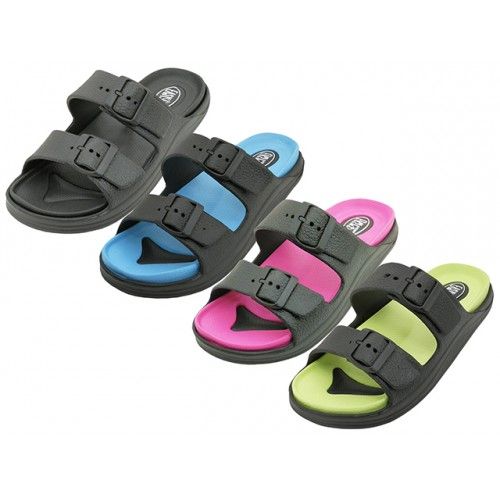 Wholesale Footwear Women's Double Strap With Side Buckle Slide Sandals